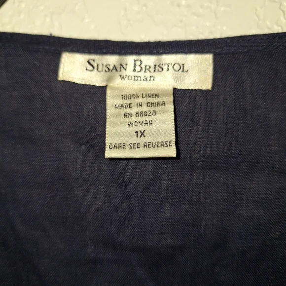 SUSAN BRISTOL Embroidered Neck Tunic Top Women's 1X Blue 100% Linen Minimalist - Picture 7 of 9